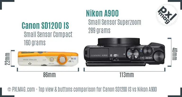 Canon SD1200 IS vs Nikon A900 top view buttons comparison