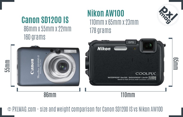 Canon SD1200 IS vs Nikon AW100 size comparison Canon SD1200 IS vs Nikon AW100 size comparison