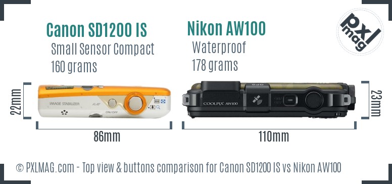 Canon SD1200 IS vs Nikon AW100 top view buttons comparison
