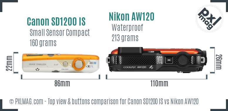 Canon SD1200 IS vs Nikon AW120 top view buttons comparison