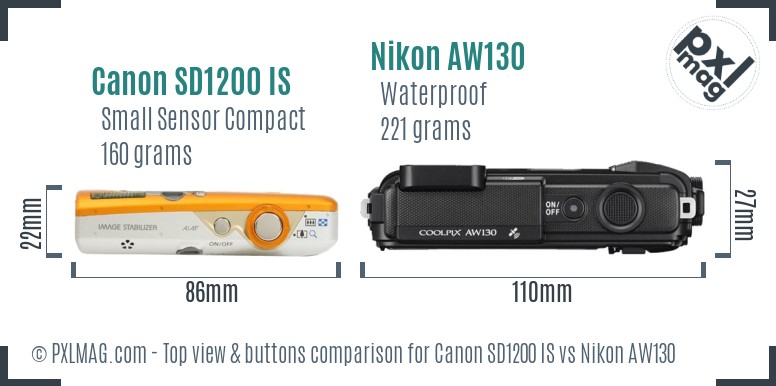 Canon SD1200 IS vs Nikon AW130 top view buttons comparison