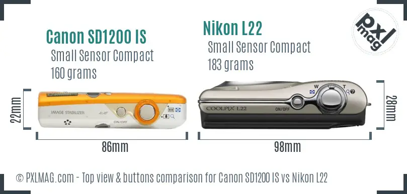 Canon SD1200 IS vs Nikon L22 top view buttons comparison Canon SD1200 IS vs Nikon L22 top view buttons comparison