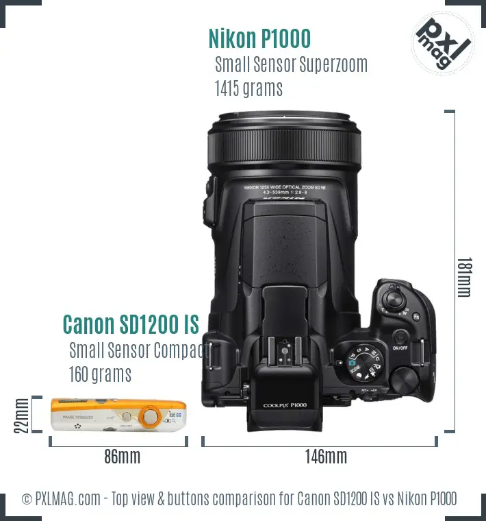 Canon SD1200 IS vs Nikon P1000 top view buttons comparison