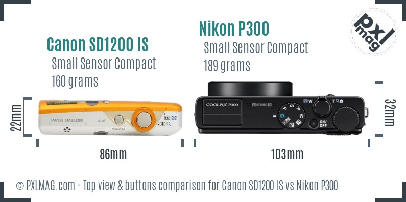 Canon SD1200 IS vs Nikon P300 top view buttons comparison