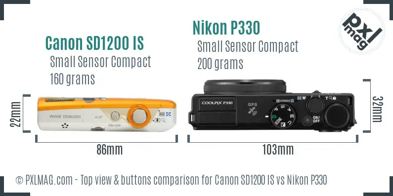 Canon SD1200 IS vs Nikon P330 top view buttons comparison