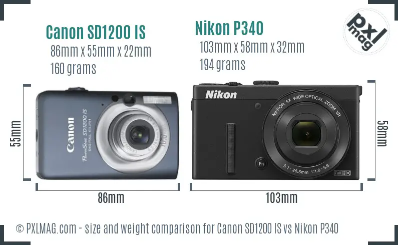 Canon SD1200 IS vs Nikon P340 size comparison