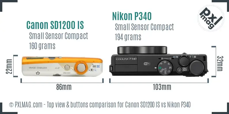 Canon SD1200 IS vs Nikon P340 top view buttons comparison