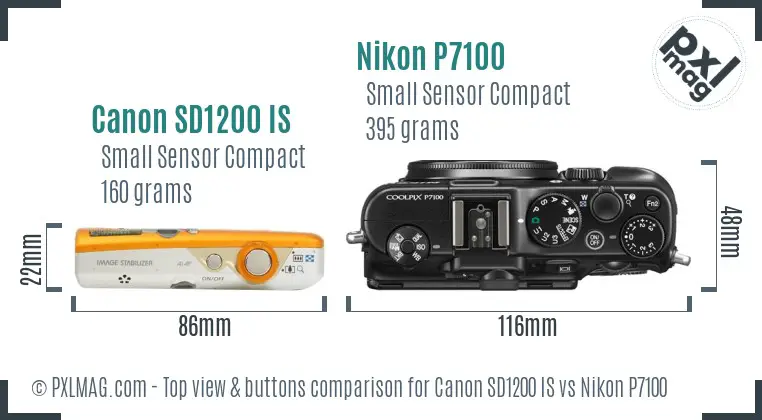 Canon SD1200 IS vs Nikon P7100 top view buttons comparison Canon SD1200 IS vs Nikon P7100 top view buttons comparison
