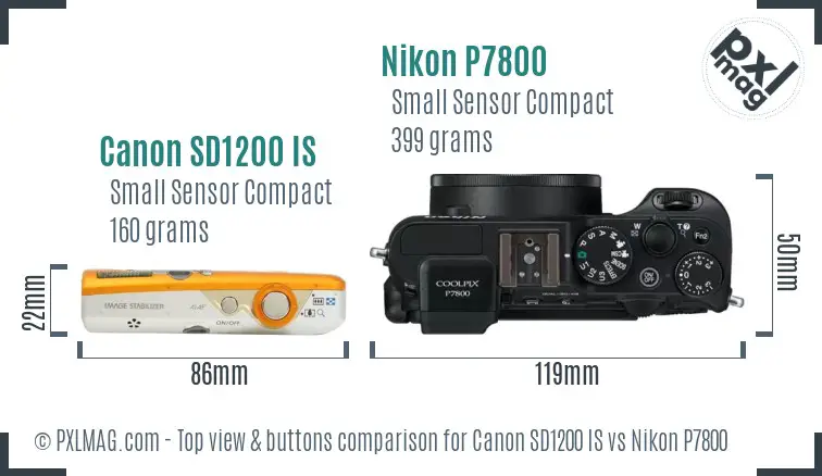 Canon SD1200 IS vs Nikon P7800 top view buttons comparison
