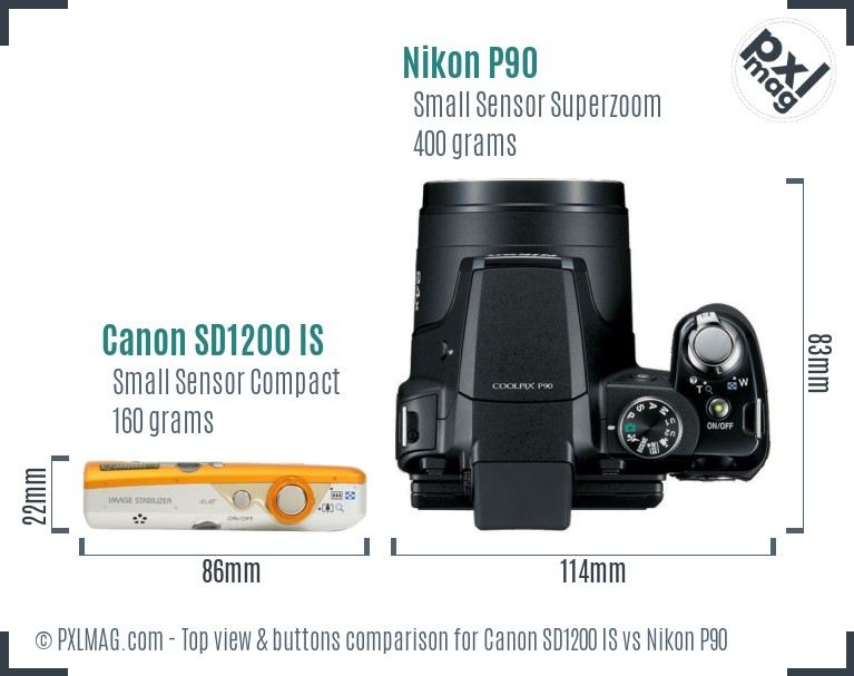 Canon SD1200 IS vs Nikon P90 top view buttons comparison