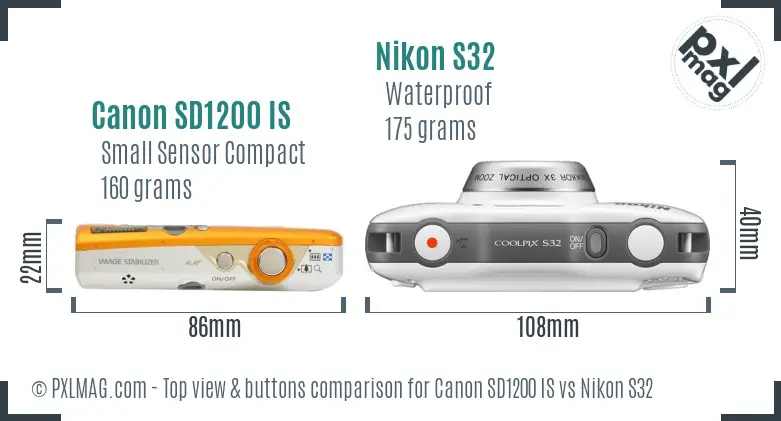Canon SD1200 IS vs Nikon S32 top view buttons comparison Canon SD1200 IS vs Nikon S32 top view buttons comparison
