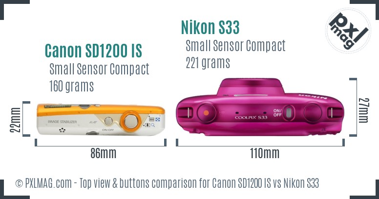Canon SD1200 IS vs Nikon S33 top view buttons comparison
