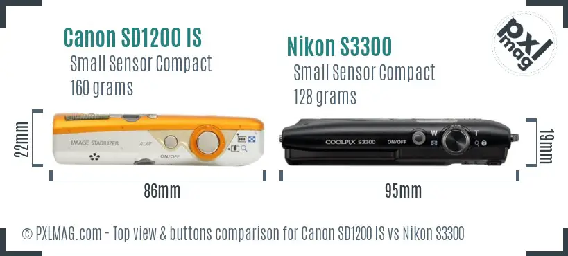 Canon SD1200 IS vs Nikon S3300 top view buttons comparison