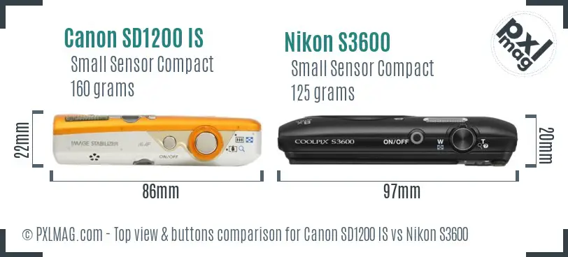 Canon SD1200 IS vs Nikon S3600 top view buttons comparison