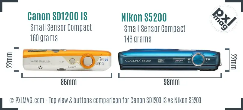 Canon SD1200 IS vs Nikon S5200 top view buttons comparison