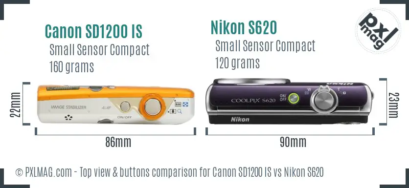 Canon SD1200 IS vs Nikon S620 top view buttons comparison Canon SD1200 IS vs Nikon S620 top view buttons comparison
