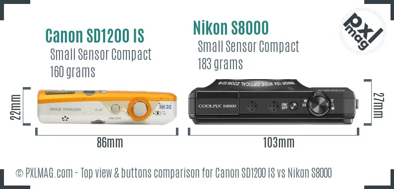 Canon SD1200 IS vs Nikon S8000 top view buttons comparison Canon SD1200 IS vs Nikon S8000 top view buttons comparison