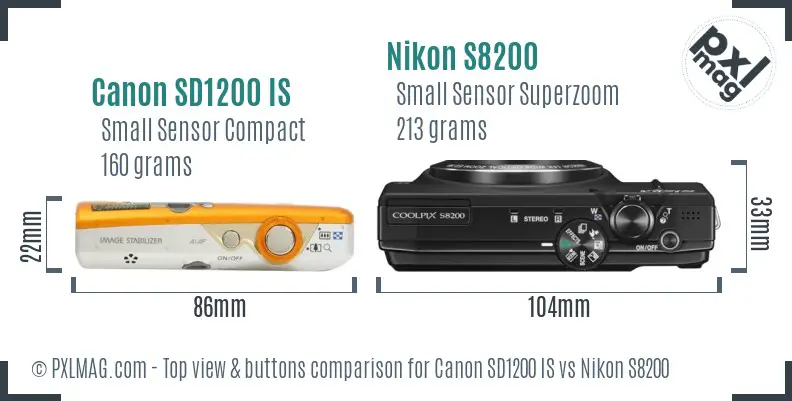Canon SD1200 IS vs Nikon S8200 top view buttons comparison