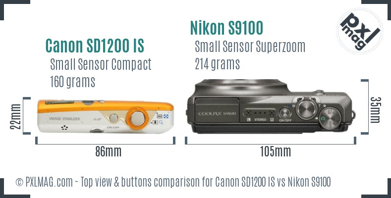 Canon SD1200 IS vs Nikon S9100 top view buttons comparison