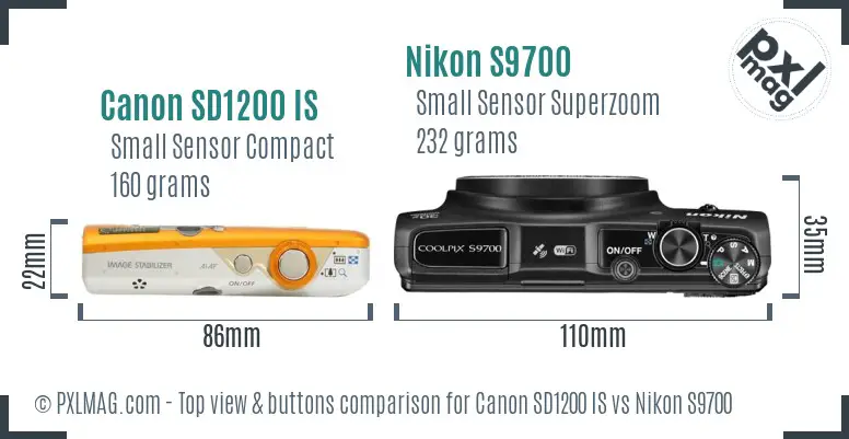 Canon SD1200 IS vs Nikon S9700 top view buttons comparison