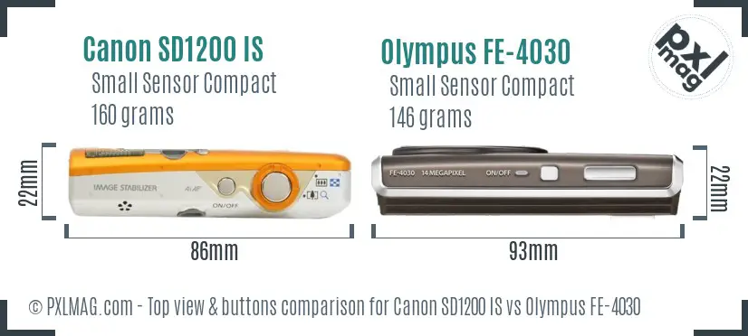 Canon SD1200 IS vs Olympus FE-4030 top view buttons comparison Canon SD1200 IS vs Olympus FE-4030 top view buttons comparison