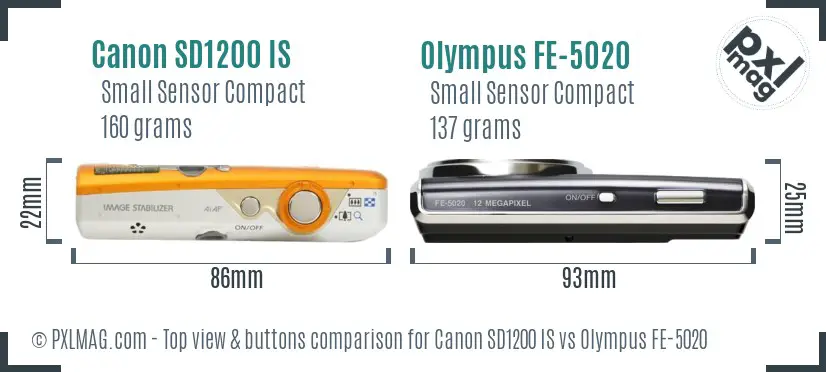 Canon SD1200 IS vs Olympus FE-5020 top view buttons comparison