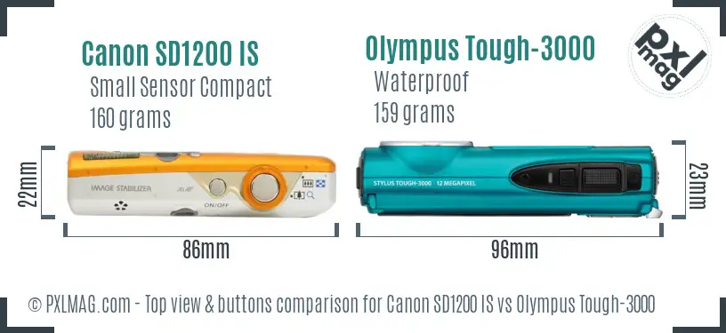 Canon SD1200 IS vs Olympus Tough-3000 top view buttons comparison Canon SD1200 IS vs Olympus Tough-3000 top view buttons comparison