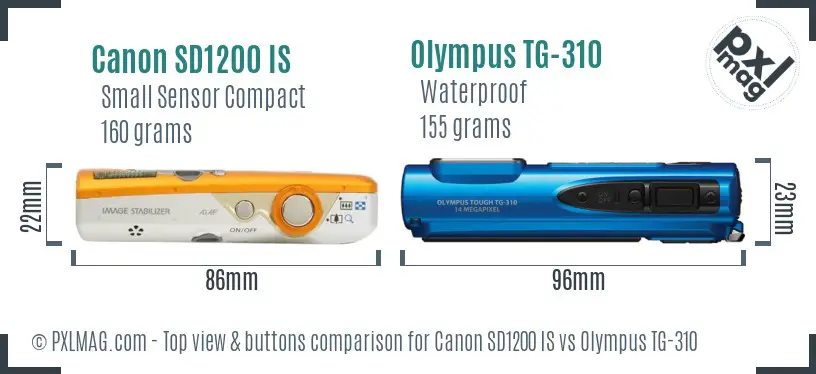 Canon SD1200 IS vs Olympus TG-310 top view buttons comparison Canon SD1200 IS vs Olympus TG-310 top view buttons comparison