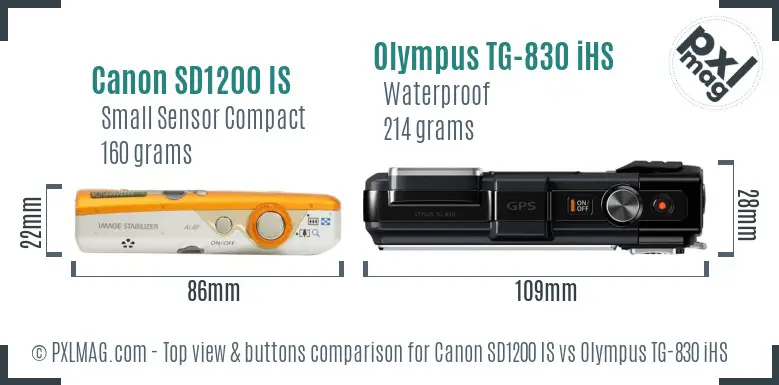 Canon SD1200 IS vs Olympus TG-830 iHS top view buttons comparison Canon SD1200 IS vs Olympus TG-830 iHS top view buttons comparison