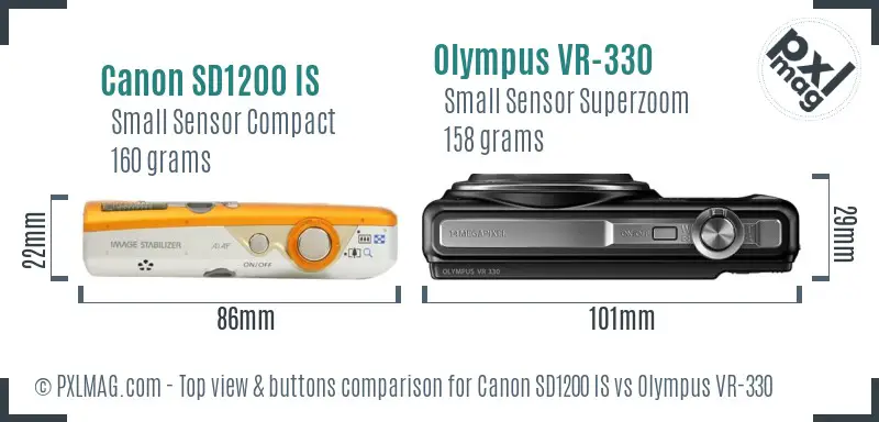 Canon SD1200 IS vs Olympus VR-330 top view buttons comparison Canon SD1200 IS vs Olympus VR-330 top view buttons comparison
