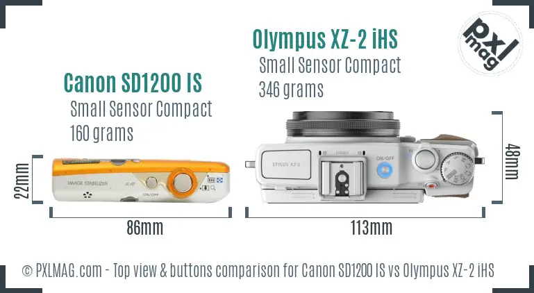 Canon SD1200 IS vs Olympus XZ-2 iHS top view buttons comparison