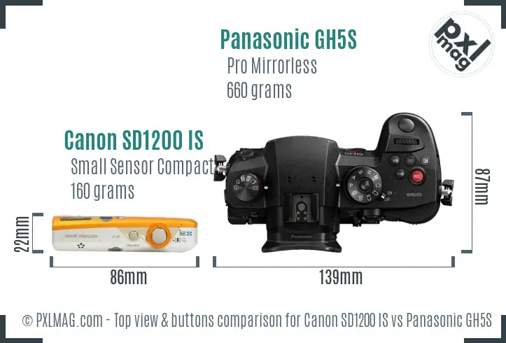 Canon SD1200 IS vs Panasonic GH5S top view buttons comparison