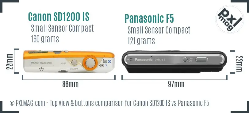 Canon SD1200 IS vs Panasonic F5 top view buttons comparison Canon SD1200 IS vs Panasonic F5 top view buttons comparison