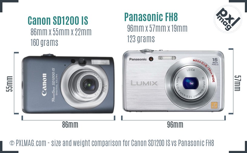 Canon SD1200 IS vs Panasonic FH8 size comparison