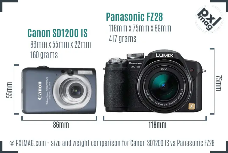 Canon SD1200 IS vs Panasonic FZ28 size comparison