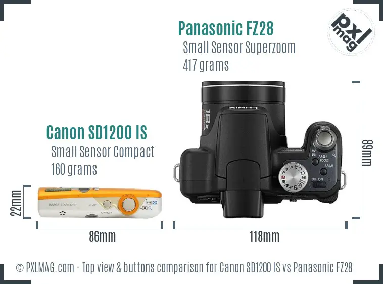 Canon SD1200 IS vs Panasonic FZ28 top view buttons comparison