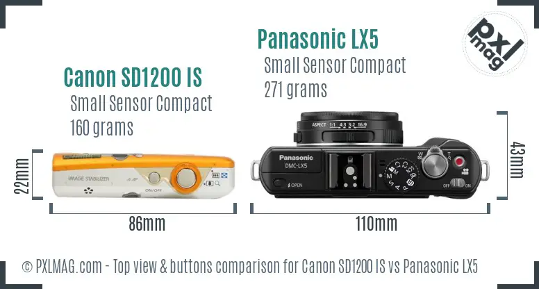 Canon SD1200 IS vs Panasonic LX5 top view buttons comparison Canon SD1200 IS vs Panasonic LX5 top view buttons comparison