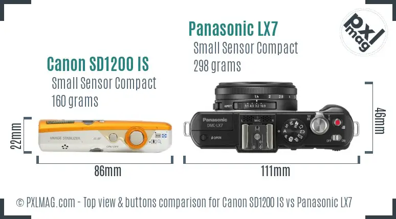 Canon SD1200 IS vs Panasonic LX7 top view buttons comparison Canon SD1200 IS vs Panasonic LX7 top view buttons comparison