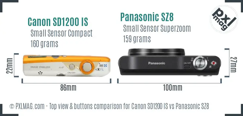 Canon SD1200 IS vs Panasonic SZ8 top view buttons comparison Canon SD1200 IS vs Panasonic SZ8 top view buttons comparison
