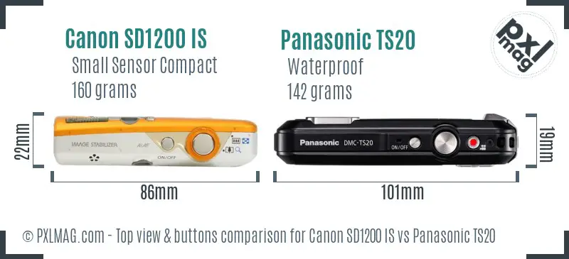 Canon SD1200 IS vs Panasonic TS20 top view buttons comparison