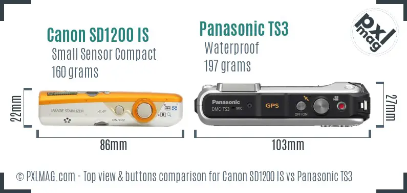 Canon SD1200 IS vs Panasonic TS3 top view buttons comparison