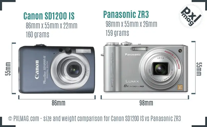 Canon SD1200 IS vs Panasonic ZR3 size comparison