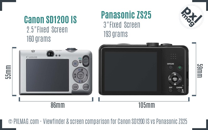 Canon SD1200 IS vs Panasonic ZS25 Screen and Viewfinder comparison