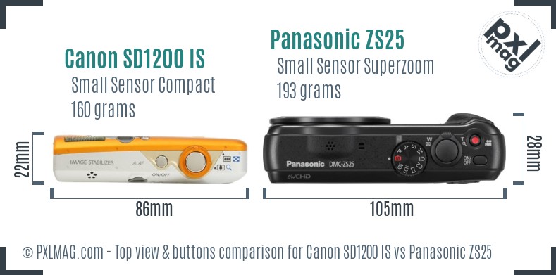 Canon SD1200 IS vs Panasonic ZS25 top view buttons comparison