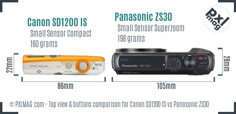 Canon SD1200 IS vs Panasonic ZS30 top view buttons comparison