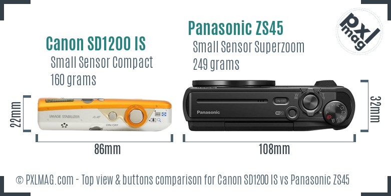 Canon SD1200 IS vs Panasonic ZS45 top view buttons comparison