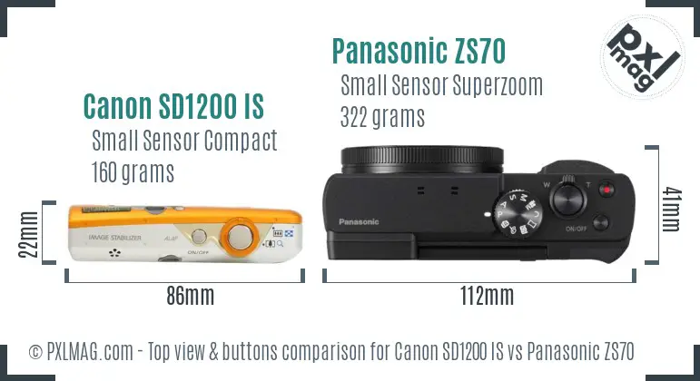 Canon SD1200 IS vs Panasonic ZS70 top view buttons comparison Canon SD1200 IS vs Panasonic ZS70 top view buttons comparison