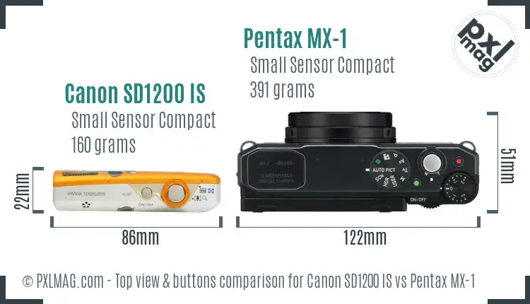 Canon SD1200 IS vs Pentax MX-1 top view buttons comparison