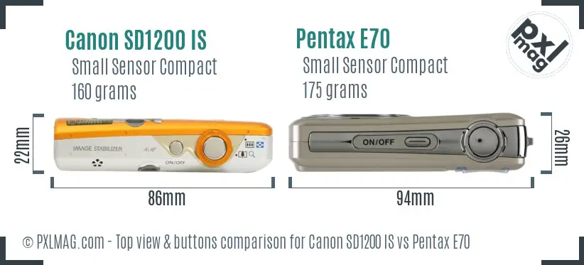 Canon SD1200 IS vs Pentax E70 top view buttons comparison
