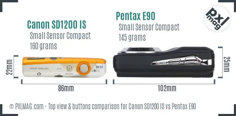 Canon SD1200 IS vs Pentax E90 top view buttons comparison Canon SD1200 IS vs Pentax E90 top view buttons comparison